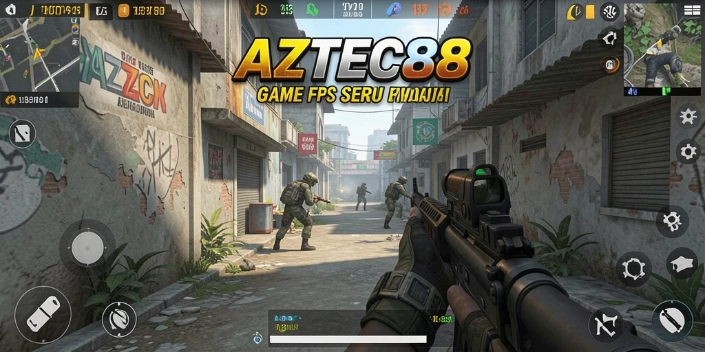 Tampilan gameplay AZTEC88 dengan aksi menegangkan di arena FPS.