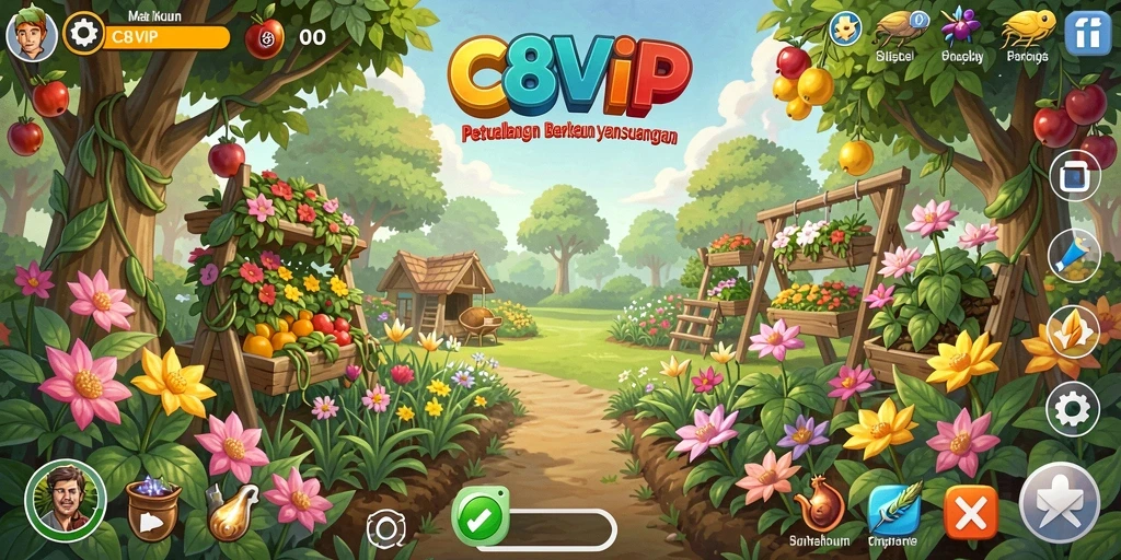 Tampilan gameplay C8VIP yang menampilkan suasana berkebun yang ceria.