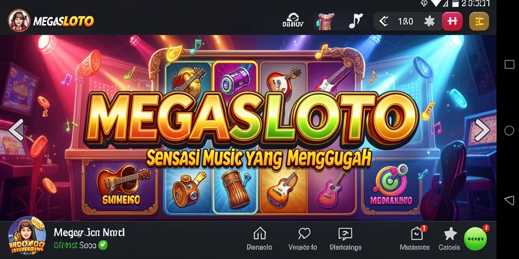 Tampilan gameplay MEGASLOTO dengan interaksi musik yang seru.