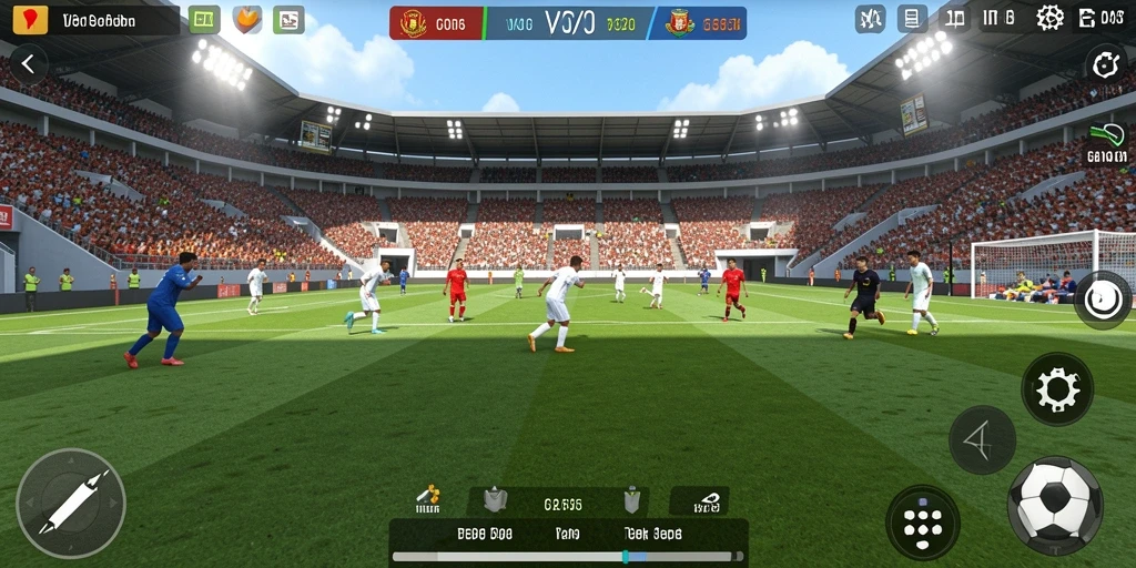 Screenshot gameplay menunjukkan aksi sepak bola yang mendebarkan di VC55.