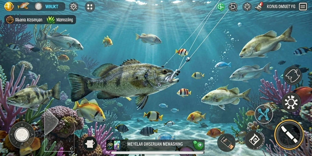 Tampilan gameplay WINJKT dengan berbagai jenis ikan dan lokasi memancing yang indah.