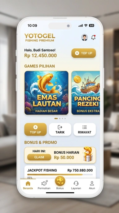 Tampilan utama aplikasi yotogel yang bersih dan informatif.